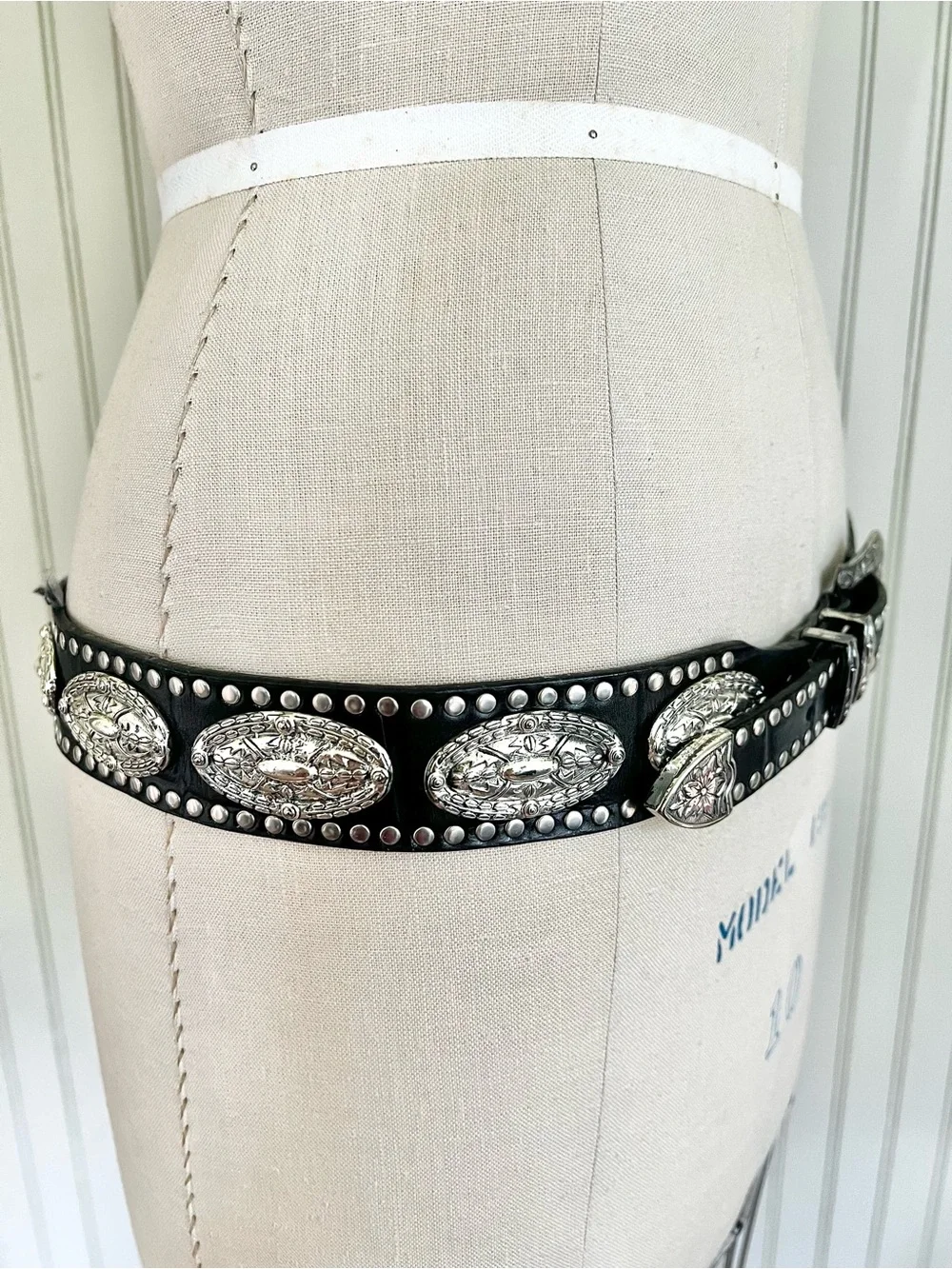 Authentic Vintage Leather Concho Western Black & Silver Belt